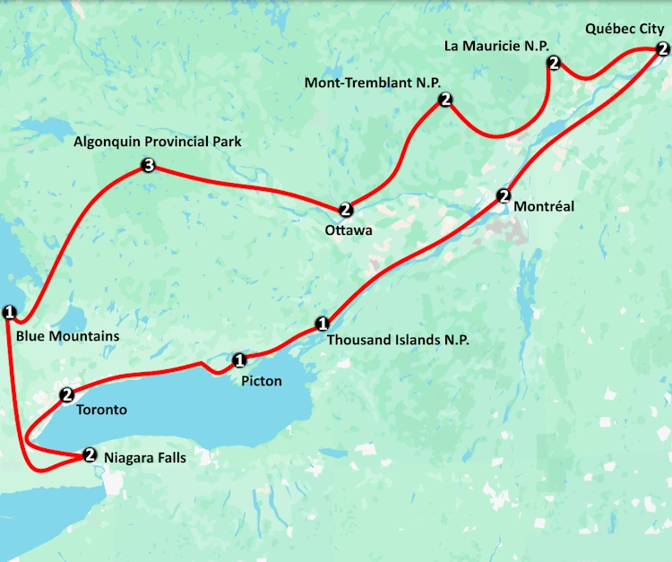 Camperrondreis Canada Highlights of Eastern Canada kaartje.webp
